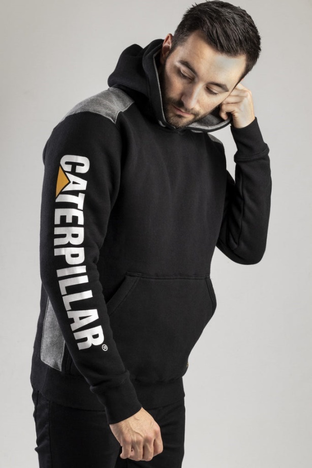 Caterpillar Logós Panel Kapucnis Pulóver Fekete